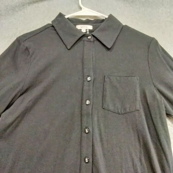 tyler boe Button Down Shirt Womens Size S Knit Black Stretch Hi-Lo Tunic Preppy - Picture 2 of 12